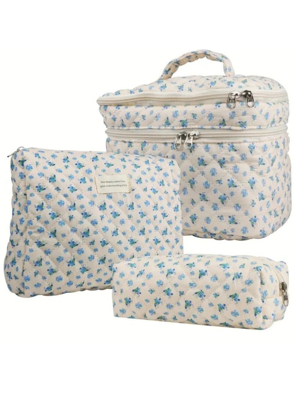 3 Pc Quilted Zip Floral Makeup Bag Set Wildflower Cosmetic Toiletry Travel Gift
